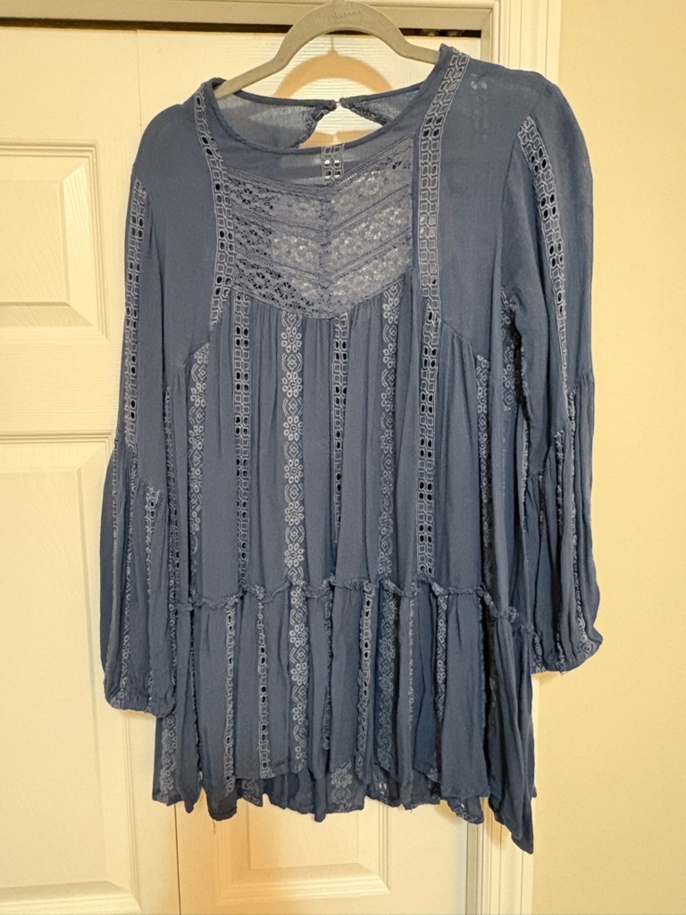Free People Indigo Blue Lace-Trim Boho Tunic